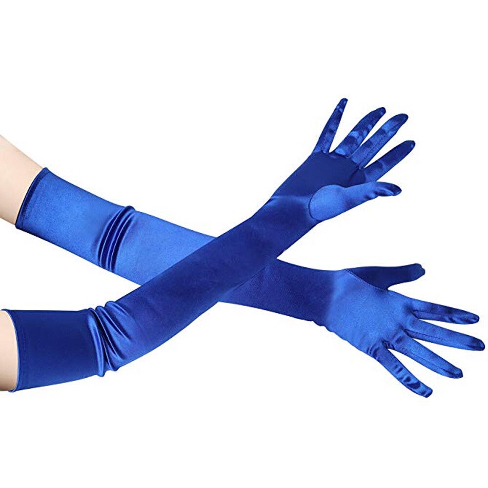 Guantes largos de satén elásticos, lisos, de seda de colores, hasta el codo, de estilo básico para mujer: Azul