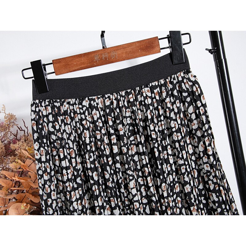 Jupe longue plissée en mousseline de soie imprimé léopard pour femmes, printemps, Vintage, ligne A, élastique, taille haute, VD2285
