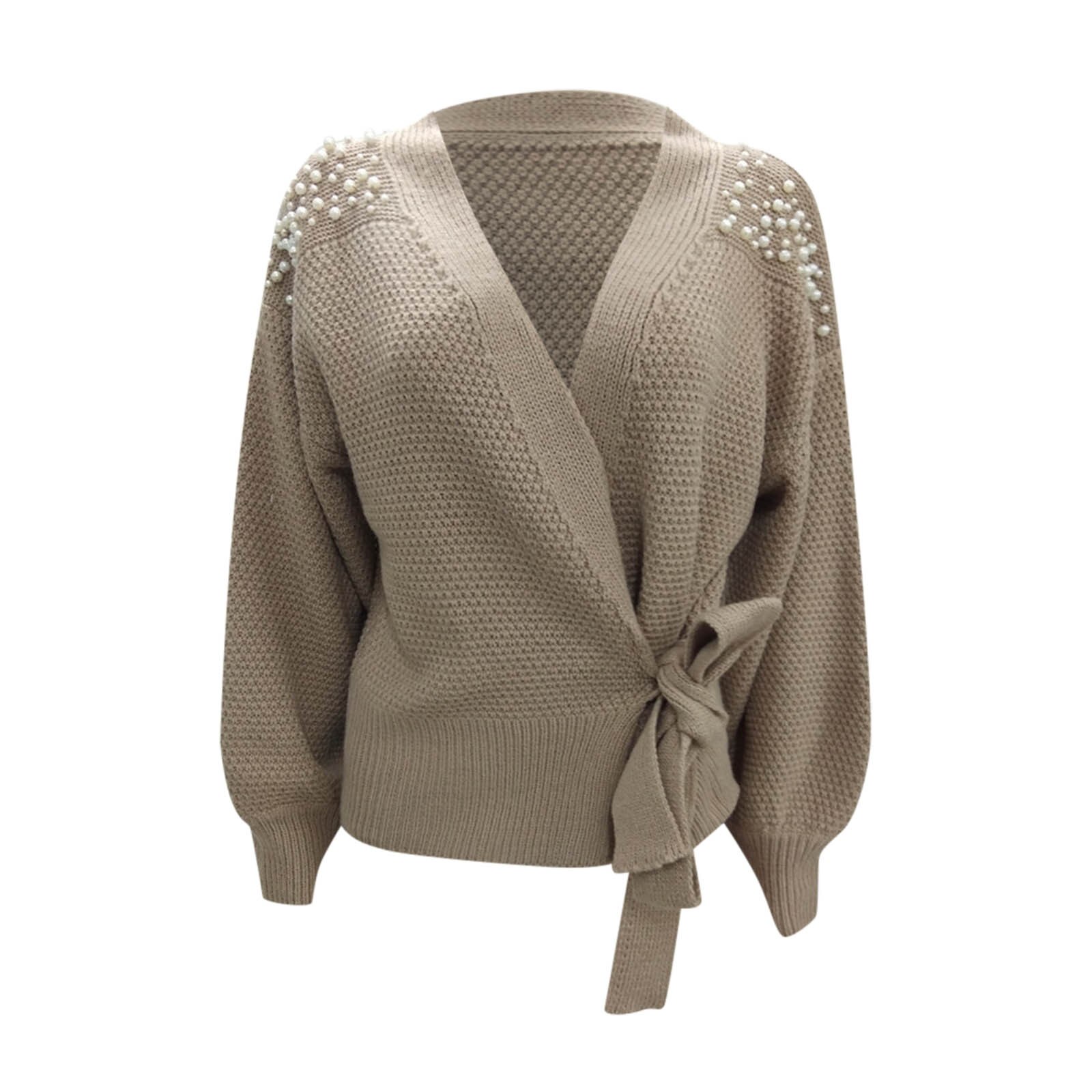 Ladies Autumn Winter Knitted Jacket Long Sleeve V-neck Bowknot Pearl Pure Color Waist Knit Cardigan Sweater Cardigans #s5: L / Khaki 