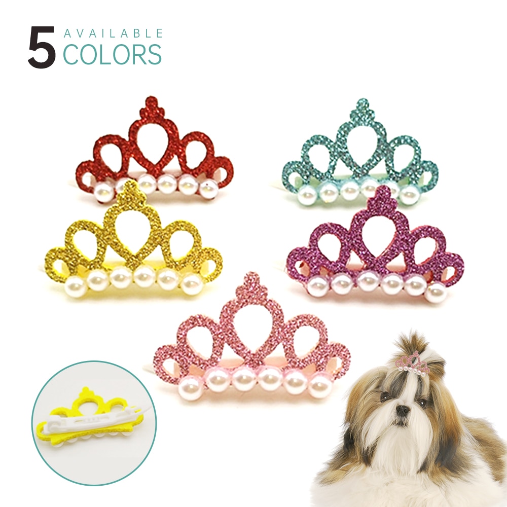 Lazos de poliéster con forma de corona de perlas sintéticas para perros pequeños, pinzas para el pelo de colores para mascotas, lazos para gatos, accesorios para mascotas