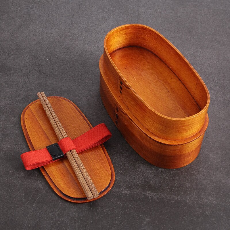 High Japanese-style Double-layer Bento Lunch Box Student Divided Lunch Wooden Sushi Box To Send Chopsticks Strap