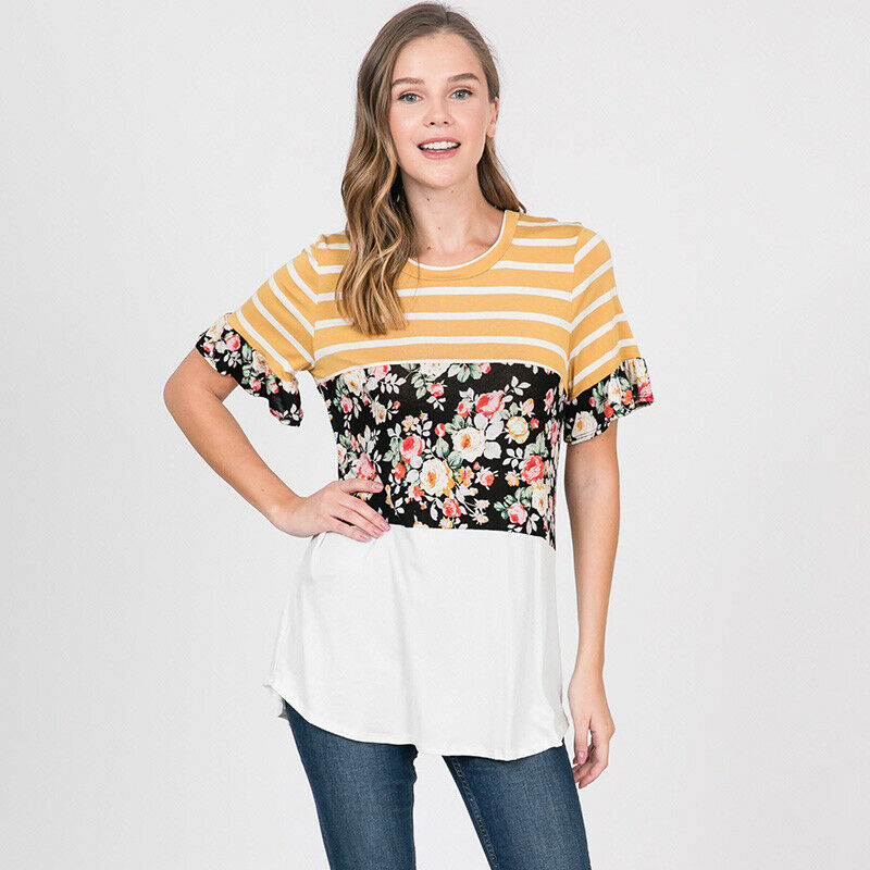 Kortærmede t-shirts til gravide med stribede blomstrede ammeoverdele