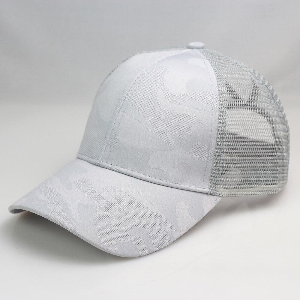 Dames roze baseballpet met camouflagepatroon, rommelige hoge knot, paardenstaart, mesh truckerpet, verstelbaar: Grijs