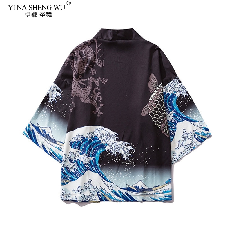 The Great Wave Off Kanagawa Man Japanese Traditional Orient Ethnic Cardigan Kimono Haori Man Unisex Thin Loose Ukiyo-e Outfits: Black / M
