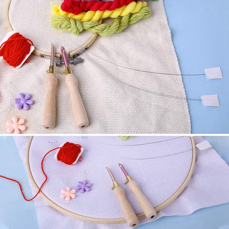 Wooden Handle Embroidery Pens and Threader,Sewing Punch Needle Set Embroidery Punch Needle Weaving Tools for DIY Craft