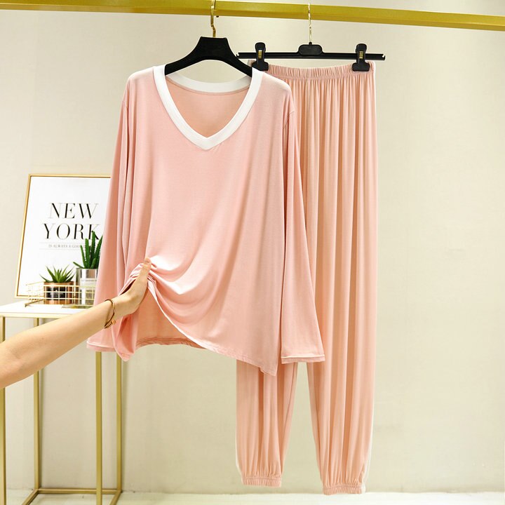 Fdfklak 2PCS Pajama Sets Women Autumn Long Sleeve Solid Modal Loose Breathable Soft Home Clothing Comfortable Sleeping Suits
