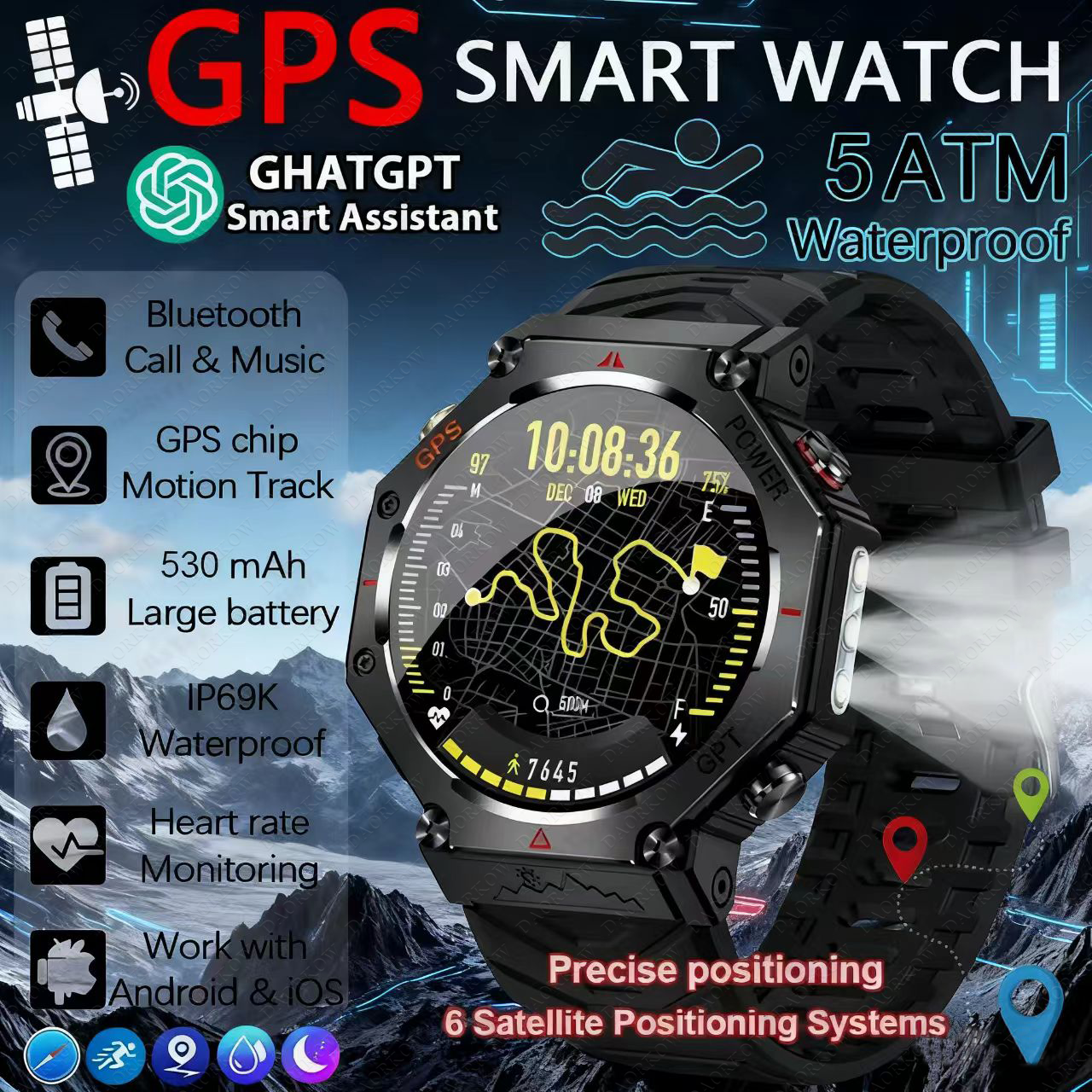 Daorkow 2025 chatgpt ai assistente gps smartwatch 5atm à prova dwaterproof água bússola bluetooth chamada ao ar livre smartwatch para homem e mulher