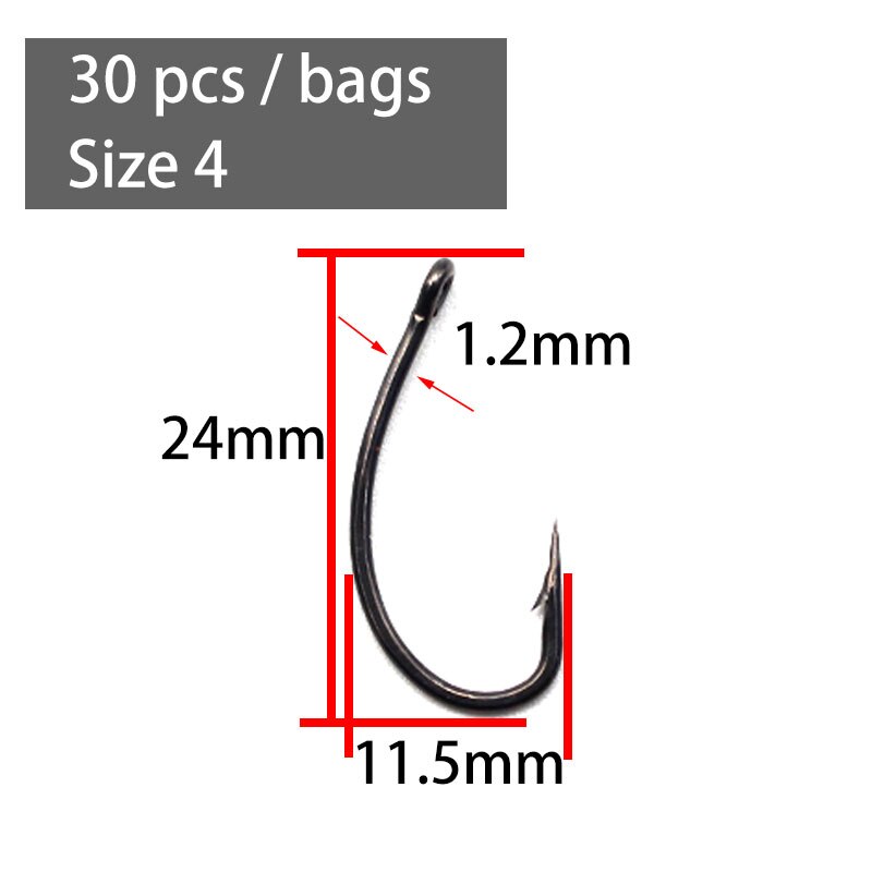 30PCS Curve Shank Carp Hooks Brabed Barbless Choddy Wide Kurv Carp Fishing Hook Eye Hook For Hair Rig Fishing Tackle: 30PCS-Size 4
