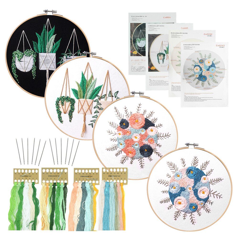 Embroidery Kit Beginner DIY Stampe Starter Plants Pattern Cloth Color Threads Tools Craft Round Cross Stitch Sewing Craft Kit