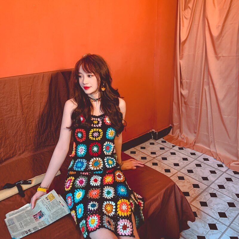 Handmade Crochet Bohemian Tops and Skirt Two-Pieces Suit Mini Dress Vintage Women Beach Cover up Chic Skirt A532