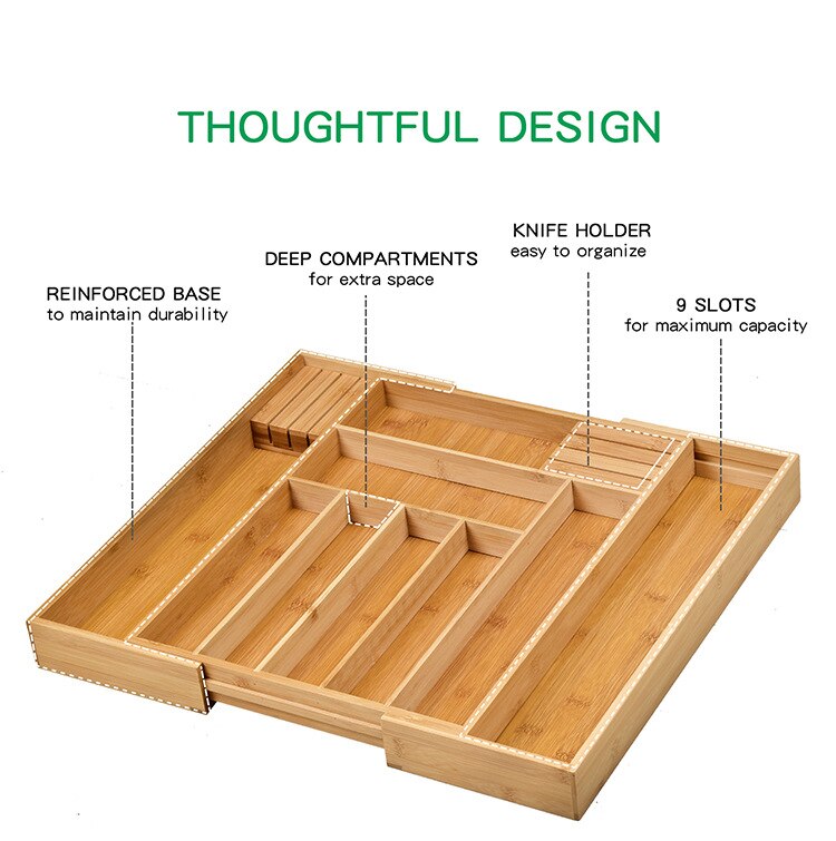 Bamboo Expandable Drawer Organizer, Premium Cutlery and Utensil Tray, Bamboo, Adjustable Kitchen Drawer Divider