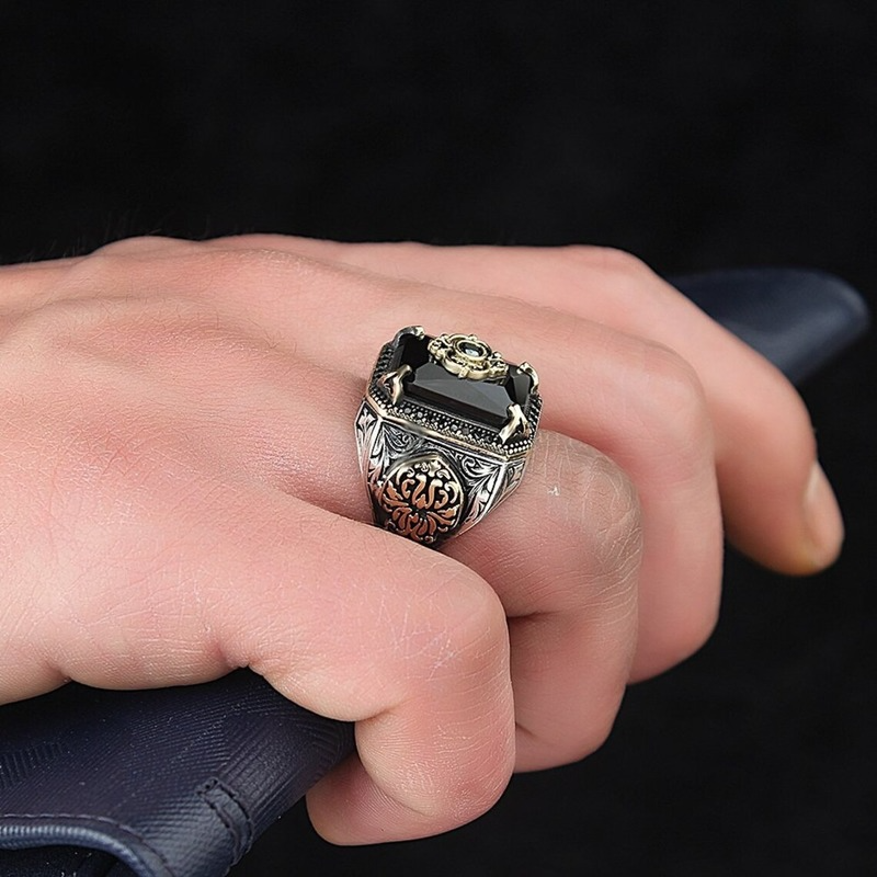 Anillo de sello turco Vintage para hombres y mujeres, anillo de águila tallada de Color plateado antiguo con incrustaciones de circonita verde, locomotora Punk