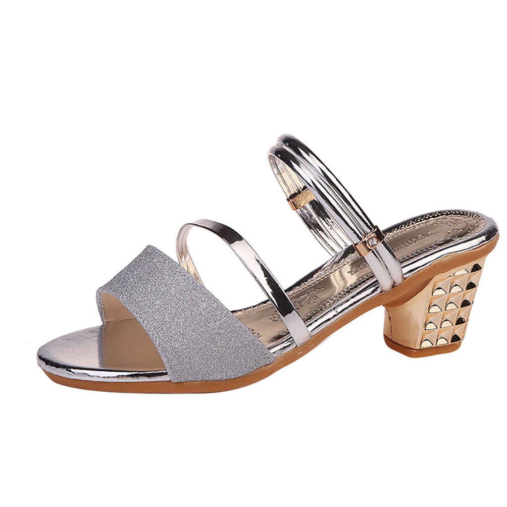 Square High-heeled Summer Women Shoes Slipper Bright colors Sandals ladies sandals slippers sapato feminino festa#G30: Silver / 8