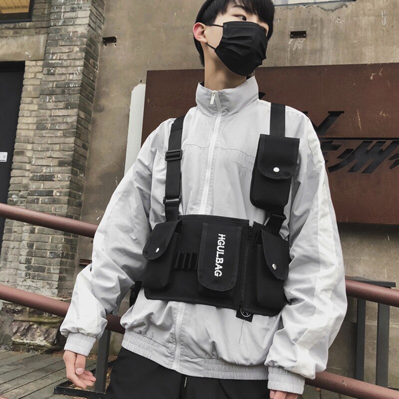 Saco de equipamento de peito feminino pacote de cintura hip hop ombro crossbody homem west vest peito preto streetwear sacos
