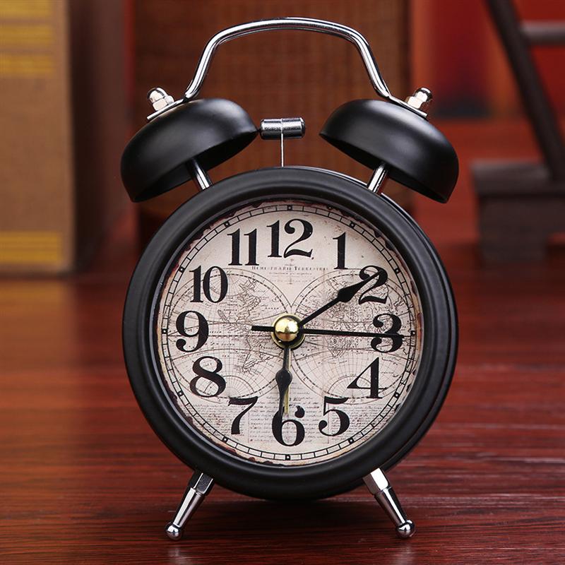 Metal Small Alarm Clock Desktop Vintage Ring Bell Clock Kids Alarm Clock without Battery Будильник - Earth (Black)