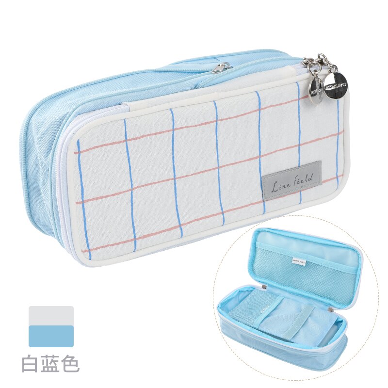 KOKUYO Solid Color High Capacity Zipper Pencil Case Pen Bag Lattice Impression Simple Scalable Pastel Cookie Series WSG-PCC12: Blue Lattice