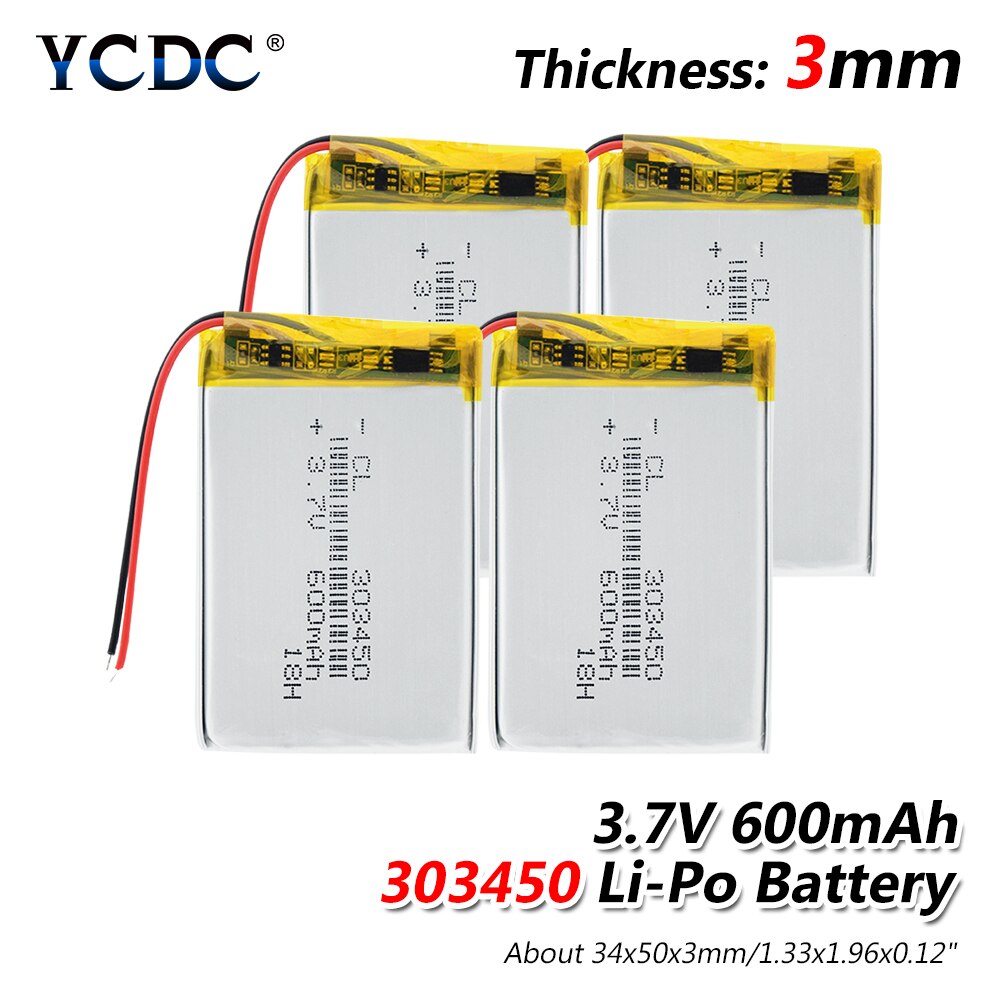 3.7V,600mAH 303450 303550 PLIB polymer lithium ion / Li-ion Rechargeable battery for dvr,GPS,mp3,mp4,E-book, LED light,speaker: 4 Pieces