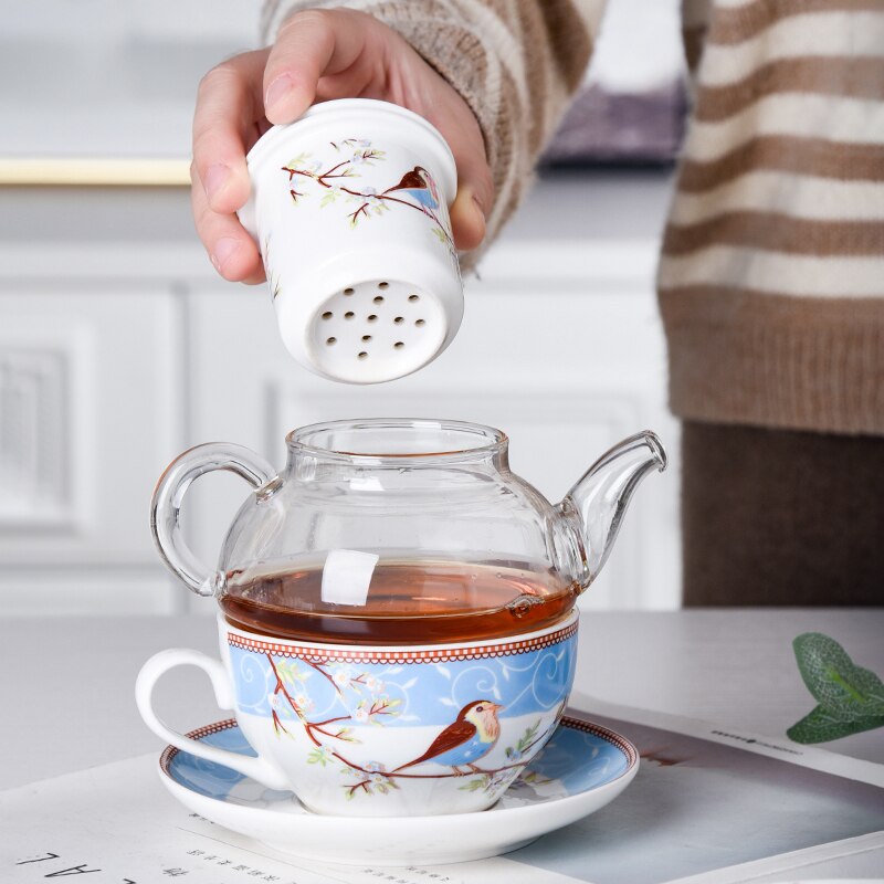 Bird and Flower Tea for One Set Rose Blue Teapot Saucer and Teacup Fine Bone China Teaware with Box
