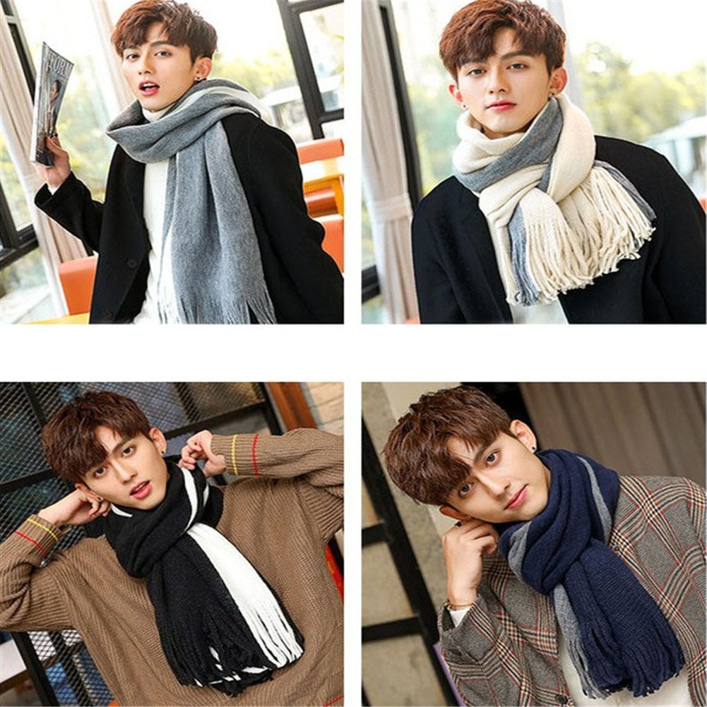 Men Scarves Winter Wool Scarf Striped 200Cm Long Scarves Wrap Knit Shawl Beige Striped Tassels Scarves