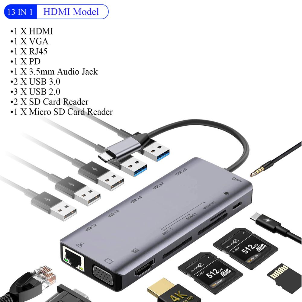 IREALTHINK molo USB di Tipo C adattatore usb c centro Macbook molo divisore centro USB 3.5mm Jack HDMI adattatore USB C Tipo C 3.1 pro centro: 13 IN 1 grigio Hub