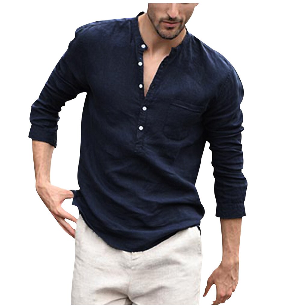 Summer Men's Baggy Cotton Linen Solid Multi-Pocket Short Sleeve Turn-down Collar Shirts hawaiian shirt camisa masculina: Navy Blue / M