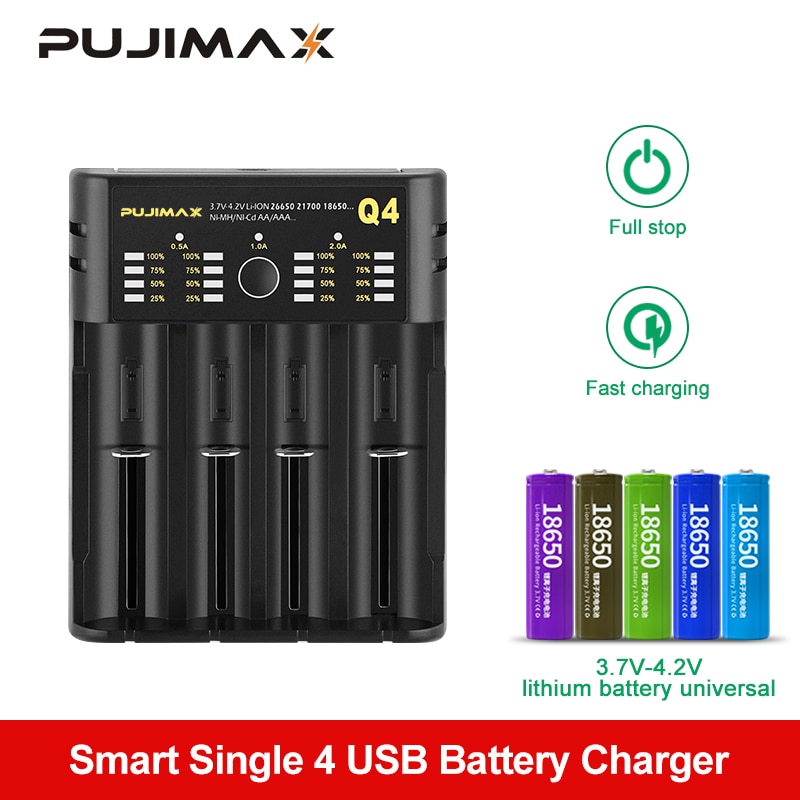 Pujimax Batterij Charger18650 3.7 V-4.2 V Usb Kabel Snel Opladen 26650 18350 21700 26500 22650 Li-Ion Oplaadbare Batterij lader