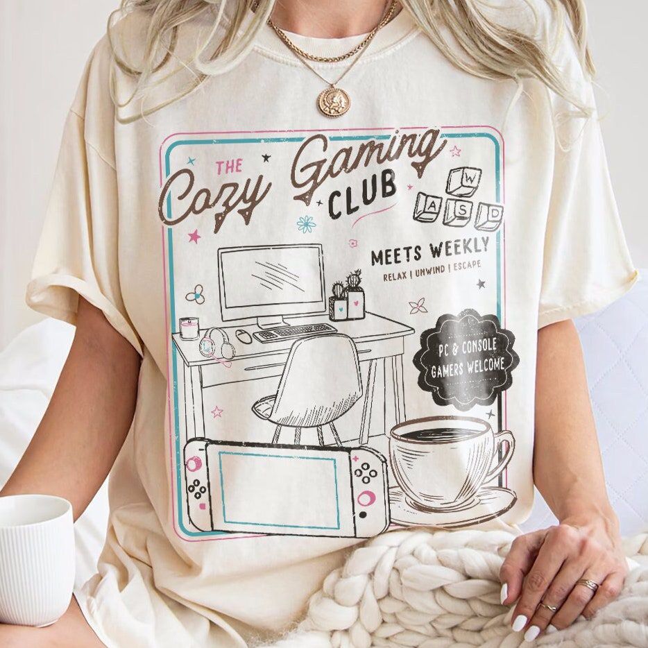 Damen Rundhalsausschnitt, gemütliches Spielen-Verein-T-Shirt, für Mädchen, Gamer, 100 % Baumwolle, lockeres retro-Schulshirt, unisex-T-Shirt, Fantasy-Bekleidung, Y2K-oben
