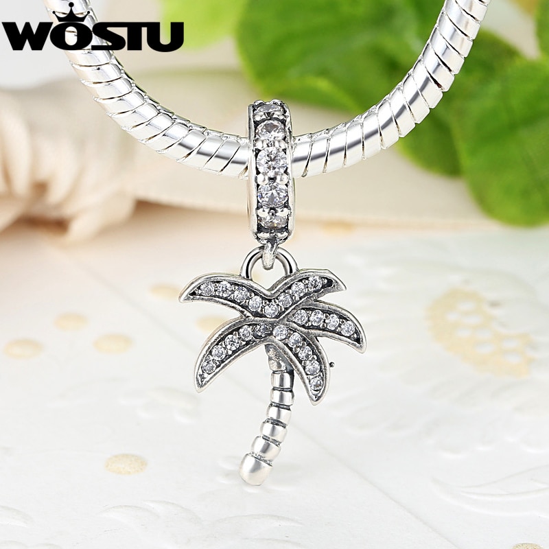 Real 925 Sterling Silver Sparkling Palm Tree Charm With Clear CZ Fit Original WST Bracelet Pendant Authentic Jewelry