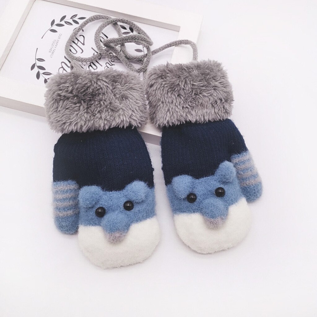 ARLONEET Kid Meisjes Jongens Winter Knit Thicken Handschoenen breien wanten Stiksels Cartoon Kat Plus fluwelen warme Bandjes Handschoenen CN11: BU