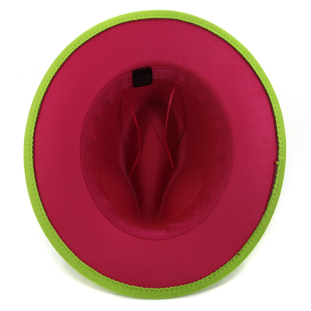 QBHAT-sombreros de fieltro de ala ancha para mujer, sombrero de fieltro de retales, color verde lima, interior, rosa, Panama, Vintage, Unisex, sombrero Fedora, Jazz, L XL