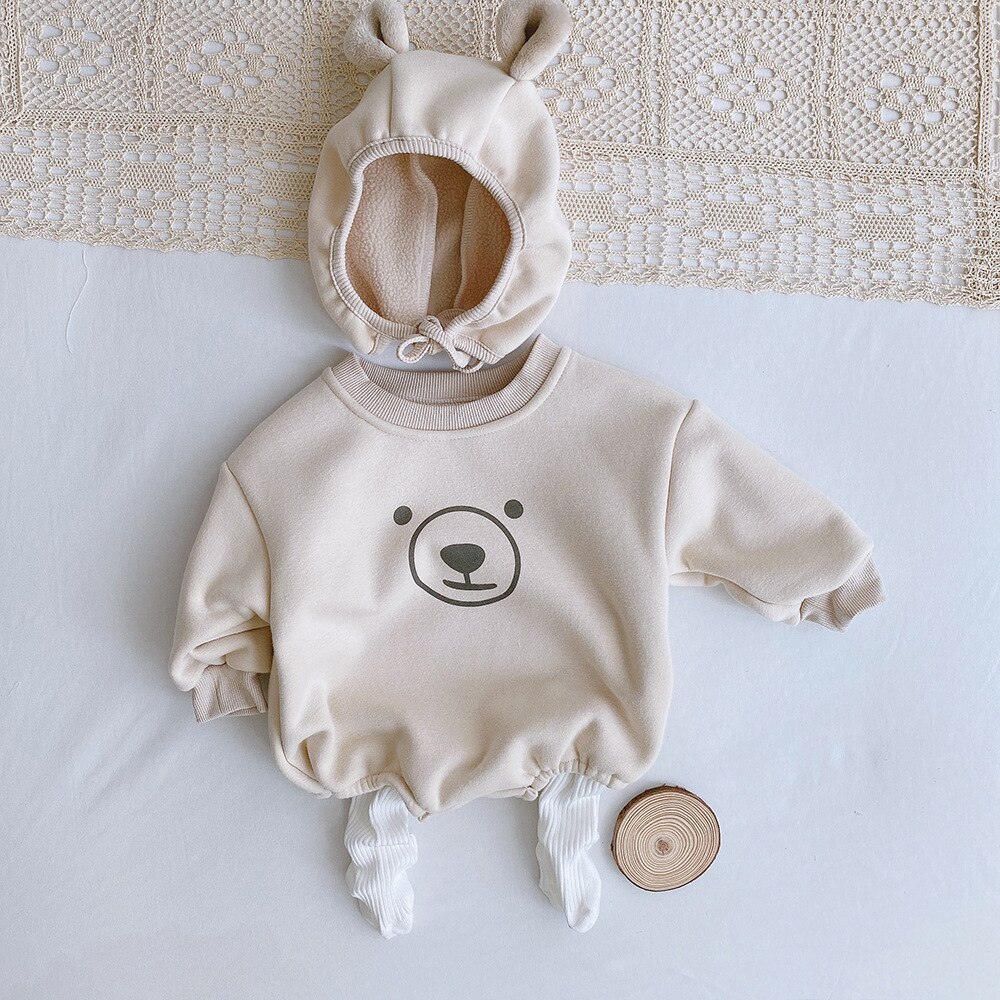 Baby Boys Girls Cute Cartoon Bear Print Long Sleeve Bodysuit With Hat Cotton Kids Infant Winter Plus Velvet Thicken Jumpsuits: EL083beige / 6M