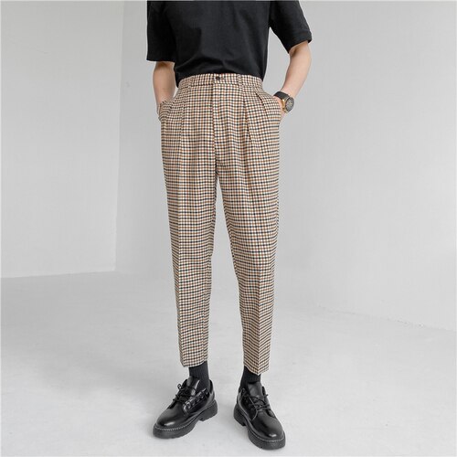 Pantalones de traje de pata de gallo para hombre, pantalón corto informal de estilo británico, cintura elástica, a la , para Social, Classique: Dark Brown / 34