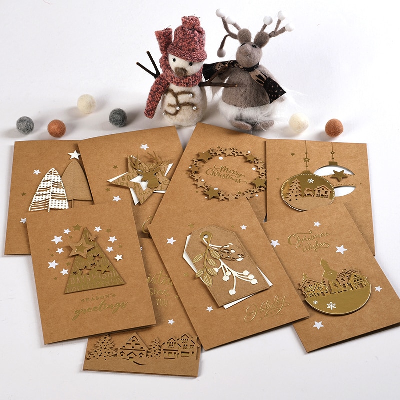 Eno-cartes de vœux 3d de noël en feuille d'or de bonne , carte de vœux kraft pour noël, saison