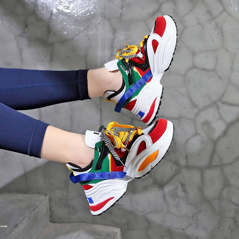 Women's Platform Sneakers - 6cm Height Increasing - Colored Ribbons - Lightweight Running Shoes: Red / 38