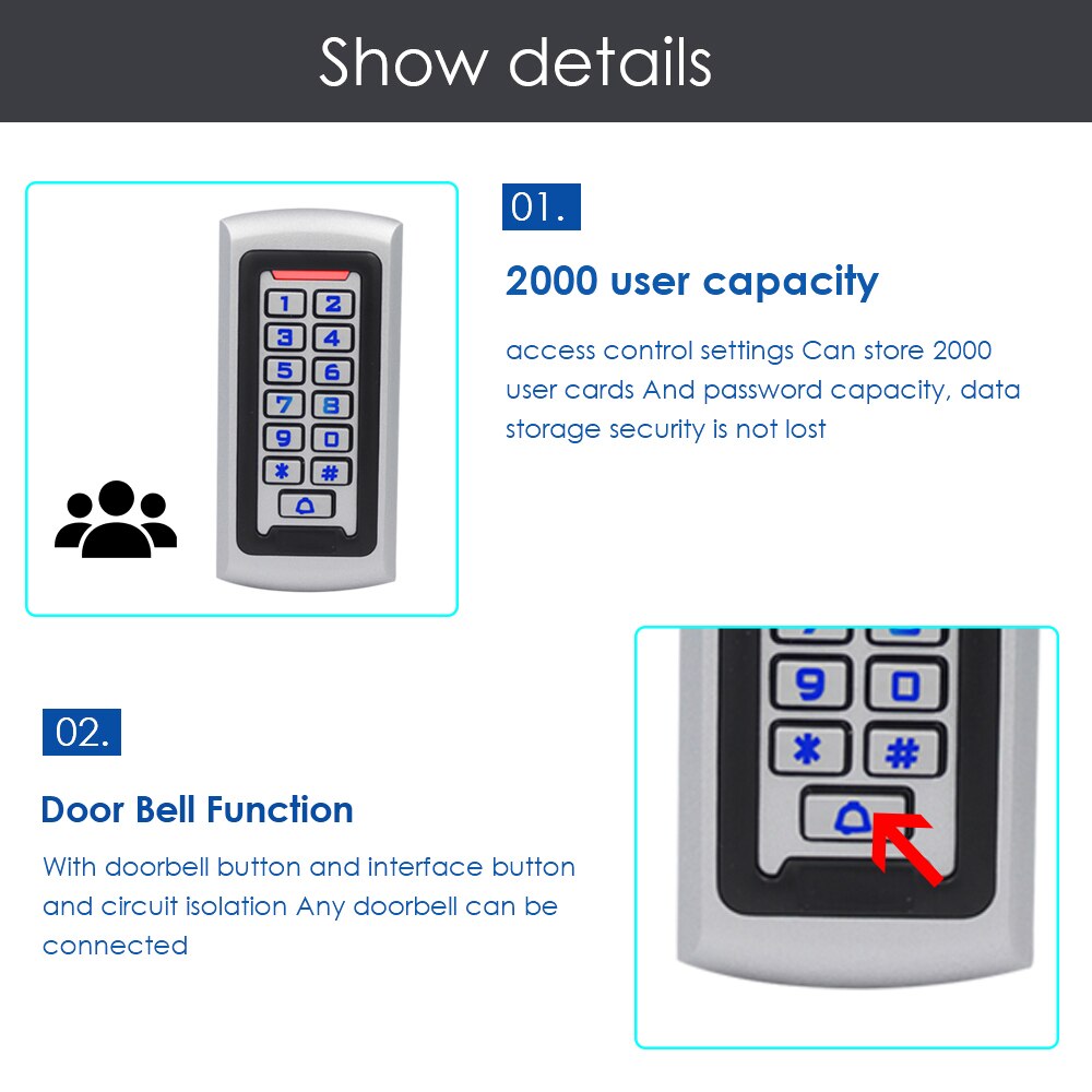 Metal Case 125Khz Rfid Pasword Toetsenbord Toegangscontrole Systeem Standalone Proximity Kaartlezer 2000 Gebruiker Deur Toegangscontrole