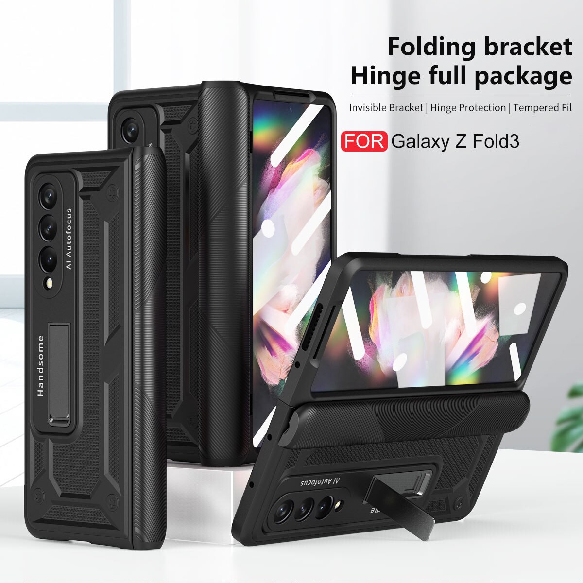 Charnière magnétique Pour Samsung Galaxy Z Plier 3 2 avec Écran Avant Verre Film Charnière Pleine Protection Z Plier 3 5G Couverture Arrière: For Samsung Z Fold 3 / Black