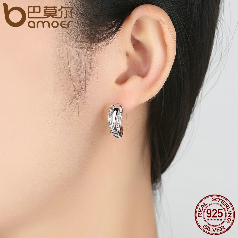 BAMOER Genuine 100% 925 Sterling Silver Entwined with Clear CZ Stud Earrings for Women 925 Silver Special Store PAS493