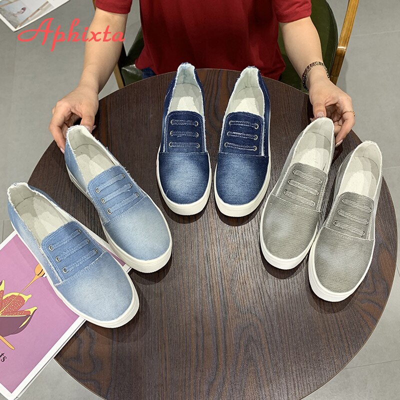 Aphixta plus stor storlek 43 denim tyg plattor skor kvinnor sneakers platt klack skor kvinna jean tyg platåklackar sko