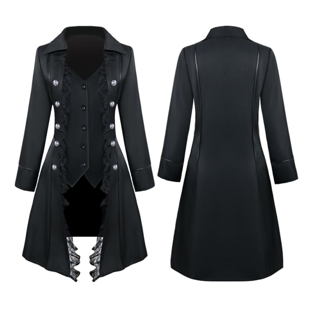 Abrigo gótico Vintage de manga larga para mujer, ropa de abrigo de Color liso con cuello de camisa de encaje y Triple botonadura, prendas de vestir exteriores