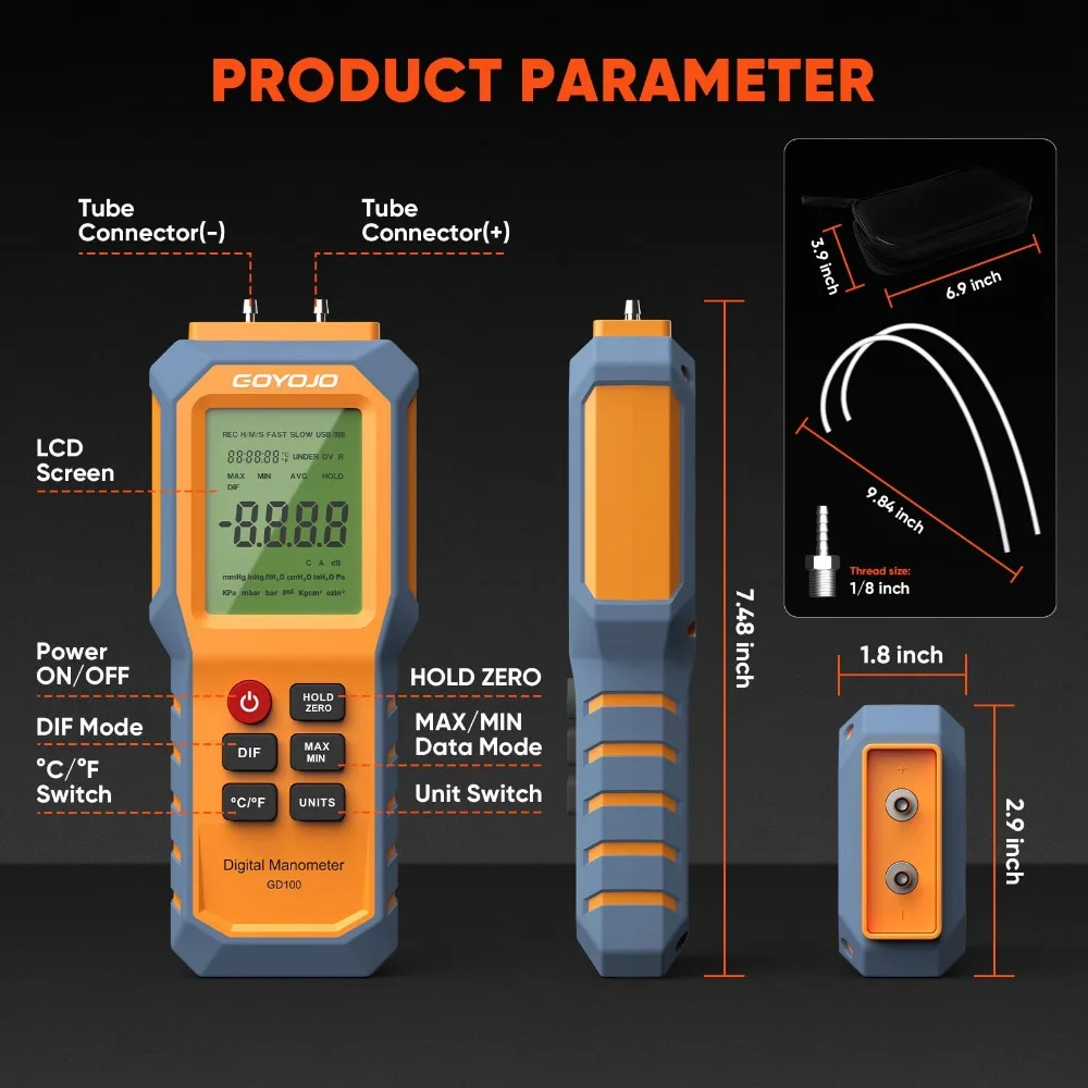 Digital Manometer with Backlit Gas Pressure Tester Dual Port Air Pressure Gauge, for Natural Gas Pipelines Ventilation Detection