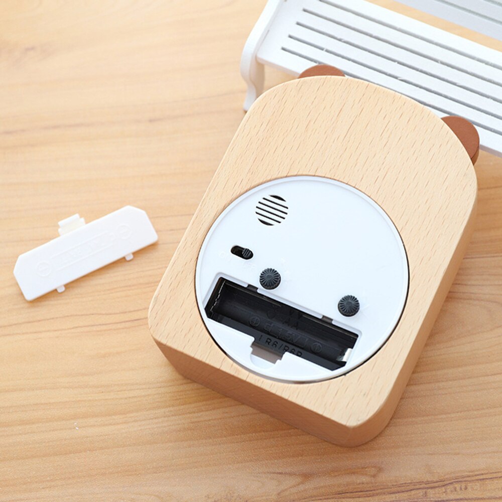 Beech Table Clock Bear Pattern Mute Alarm Clock Mechanical Clock for Student Worker without Battery