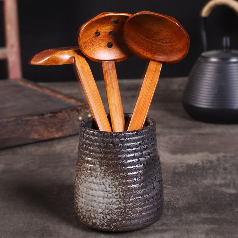 6 Stuks Houten Lepels Japanse Ramen Noodle Soep Lepel Pollepel Lange Steel Houten Lepel Set Keuken Serveren Zeef Lepel Servies