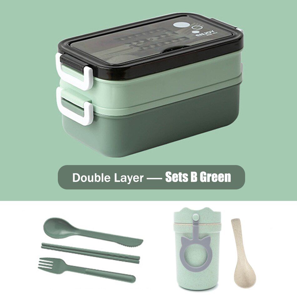 Double Layer Lunch Box Bento Box With Soup Bowl Leak-Proof Bento Box Dinnerware Set Microwave Adult Kids Office Food Storage Box: Sets B Green