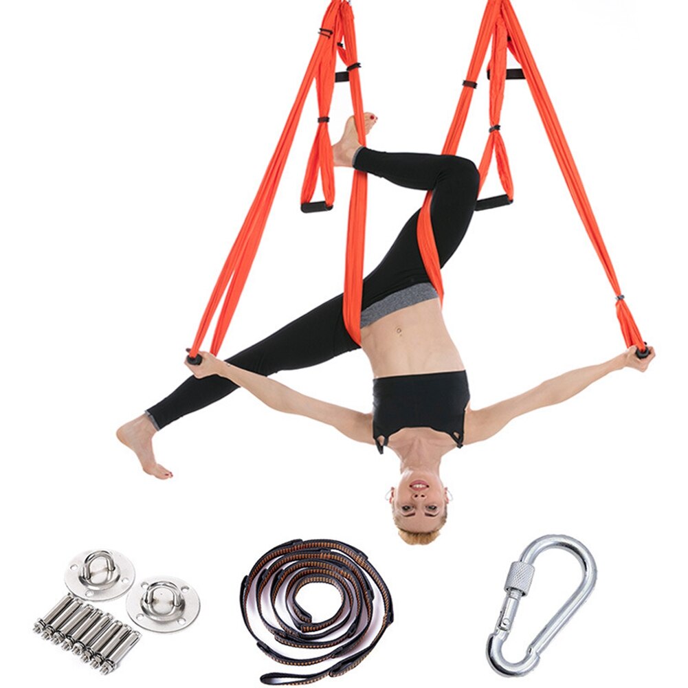 Komplet sæt 2.5*1.5m aerial yoga hængekøje anti-tyngdekraft nylon flyvende gynge pilates home gym hængende bælte loftplader: Orange