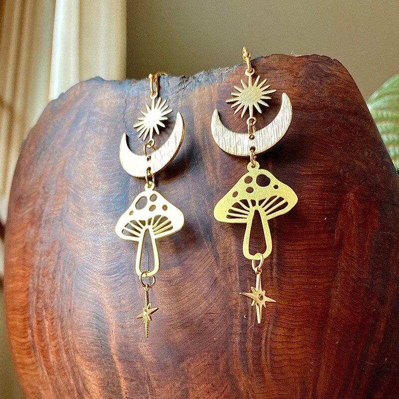 Paddestoel Oorbellen Met Celestial Maan, Wanderlust Sieraden, Hypoallergeen, Bohemen Oorbellen, Goud Kleur Sieraden: Default Title