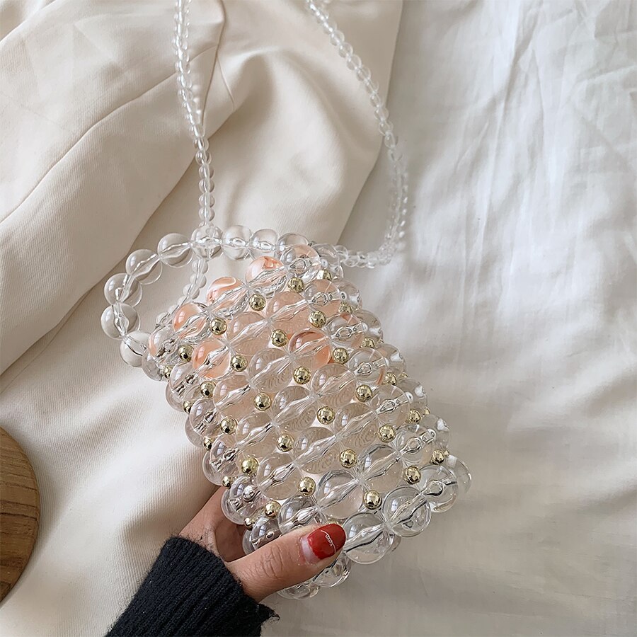 Sacs à main de soirée à perles creuses pour femmes, petits sacs de luxe tissés à bandoulière pour dames, sac Transparent à perles pour fête de mariage