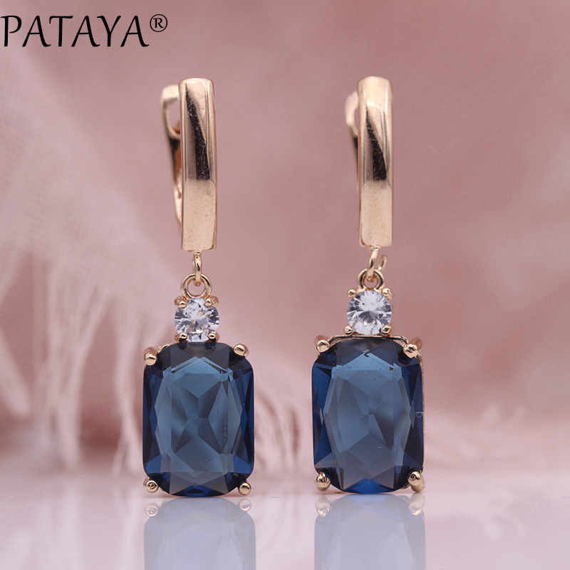 PATAYA Square Dark Blue Long Earrings Women Wedding Jewelry 585 Rose Gold Hollow Multicolor Natural Zircon Dangle Earrings