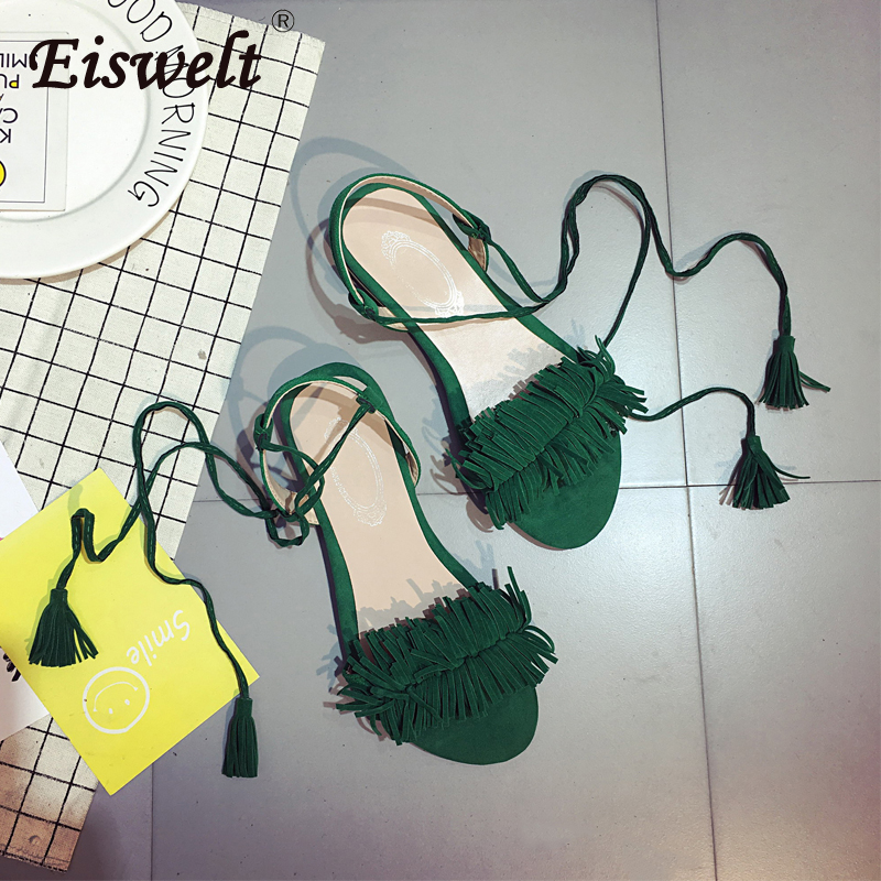 EISWELT Fringe Female Ankle Strap Rome Casual Sandals Women Flats Summer Tassel Shoes Ladies Wedding Women Sandals