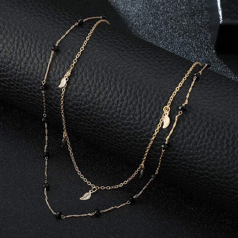 Dubbele Gelaagde Ketting Vrouwen Kwastje Charm Choker Ketting Zwarte Kralen Bohemian Ketting Metalen Goud Kleur Party Fe