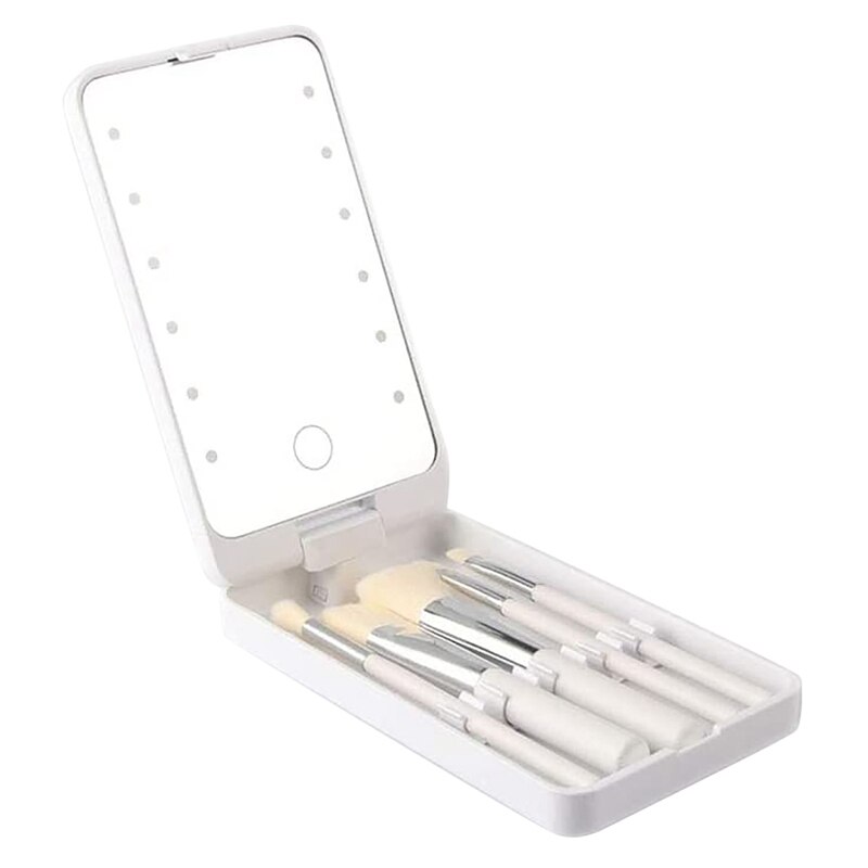 LED Makeup Mirror Portable Makeup Mirror Travel Mirror Stroage Box Makeup Organizer Mirror Box with Full Set Brushes: White